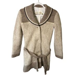 Vintage Icewool Iceland Ivory and Brown Knit Jacket with Belt Size S Scandi